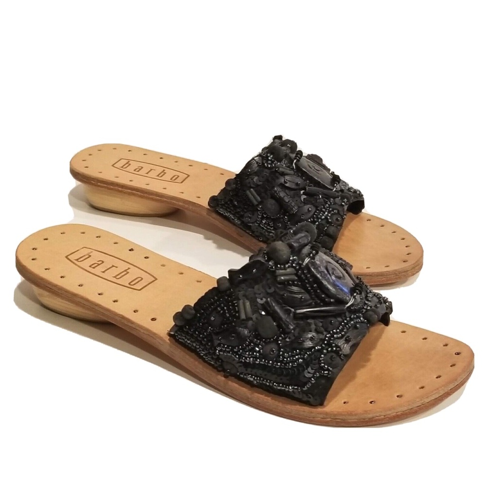 Barbo Nile Black Leather Beaded Flat Slide Sandals Women's Size 6 B Flat Shoes